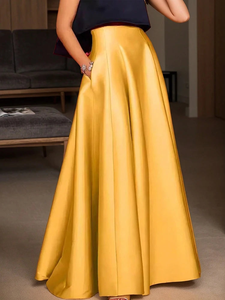Elegant Satin A-line Long Skirts for Women High Quality Smooth Party Maxi Skirt with Pockets Y2K Lady Solid Women's Skirts
